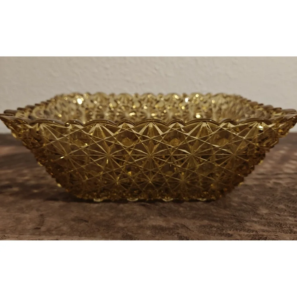 vintage amber glass daisy and button Square Bowl‎ 8'